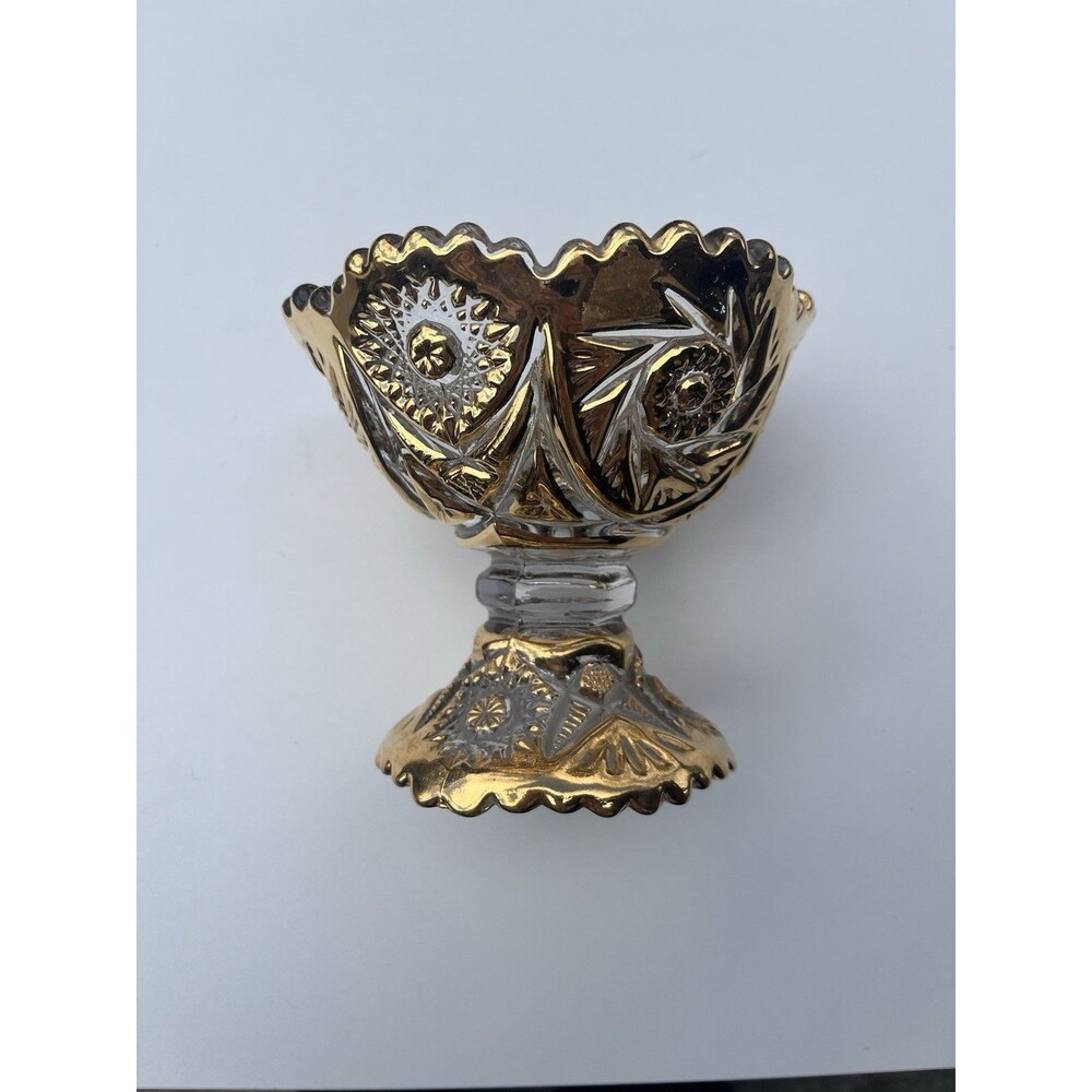 EAPG Imperial Glass Gold & Clear Geometric Compote Pedestal Candy Trinket Dish
